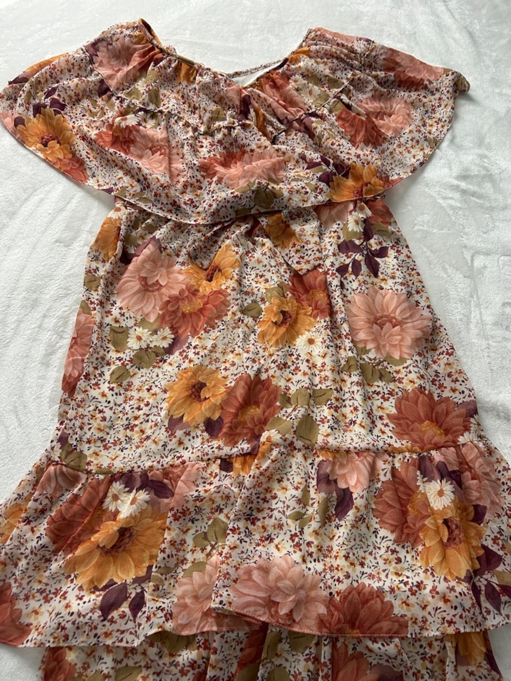 Floral Off-Shoulder Casual Dress in Peach & Mustard - Picture 7 of 9